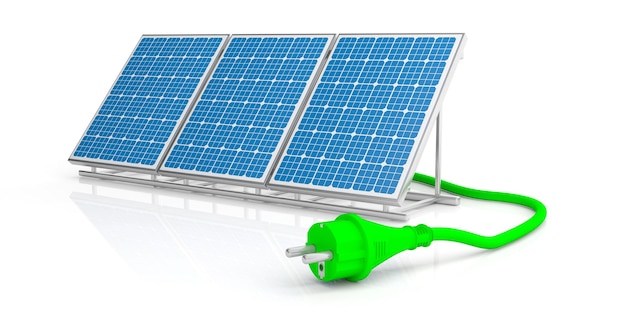 Enchufe de alimentación verde y panel solar aislado sobre fondo blanco ilustración 3d
