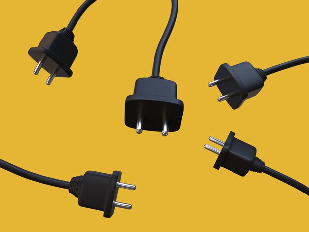 Enchufe del cable de alimentación negro 3D rendering fondo amarillo