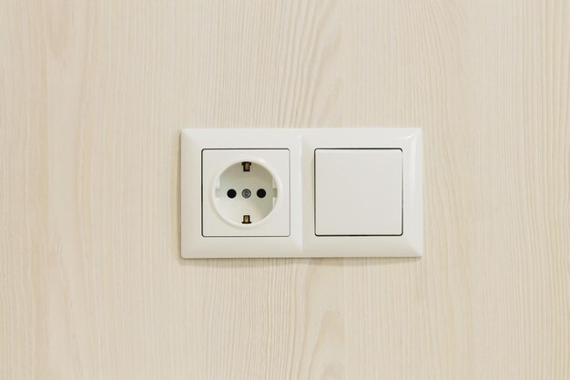 Enchufe eléctrico europeo e interruptor en pared de madera