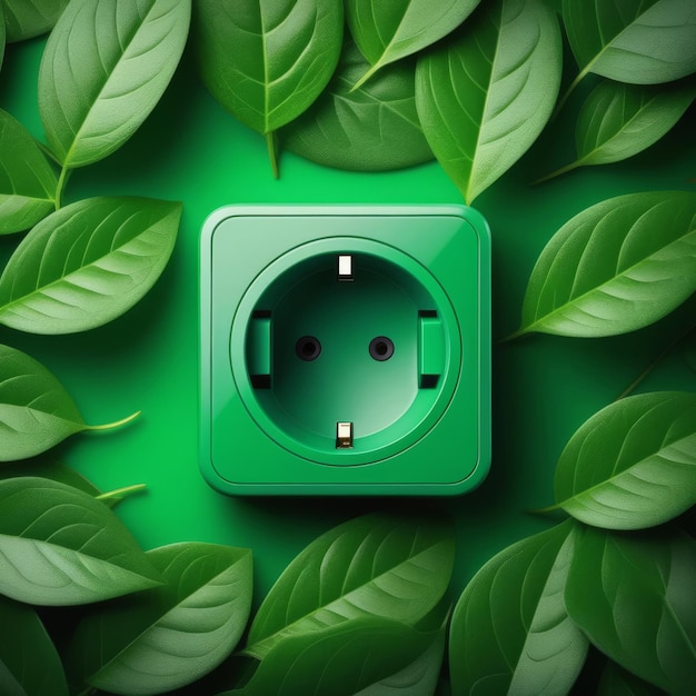 Foto enchufe eléctrico verde con hojas frescas vista superior ecológico y sostenible