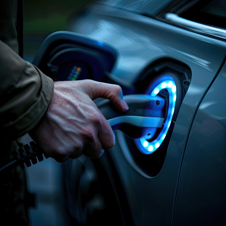 Un enchufe de mano en un cable de carga de coche eléctrico