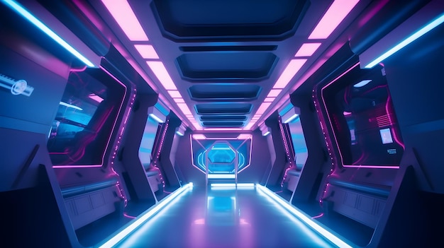 Se enciende una luz de neón en una habitación oscura con una luz de neón azul y violeta.