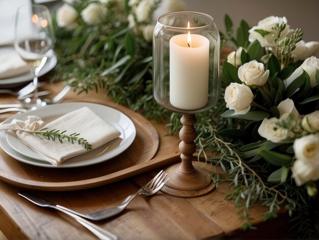 se enciende una vela sobre una mesa con flores blancas y vegetación