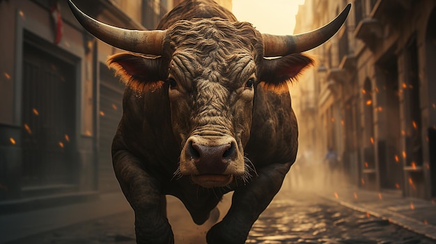 Encierro de toros en la calle con gente