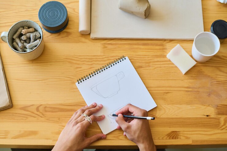 Foto por encima del ángulo de las manos del joven artesano o dibujo artesanal en el bloc de notas