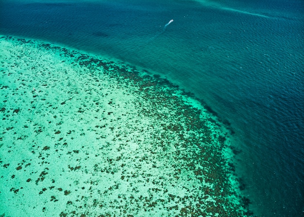 Por encima de la esmeralda tropical y el mar azul con arrecifes de coral.