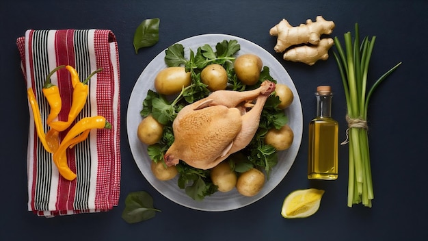 Foto por encima de la vista de una deliciosa cena con pollos patatas verdes en la toalla roja doblada despojada de pimienta seca