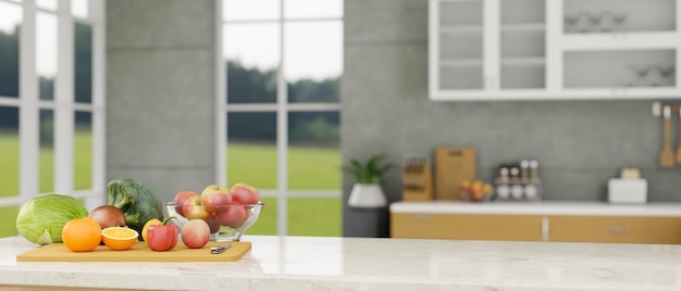 Encimera de cocina blanca de mármol con frutas y verduras en el espacio de copia de la tabla de cortar