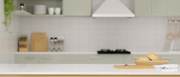 Encimera de cocina blanca moderna con pan en una cesta tabla de cortar y espacio de copia 3D Render