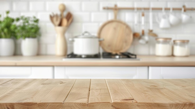 Una encimera de cocina limpia y moderna con un fondo borroso de utensilios de cocina y azulejos blancos de metro