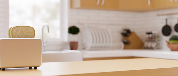 Encimera de cocina de madera de lujo moderno con tostadora y espacio sobre fondo borroso de cocina casera