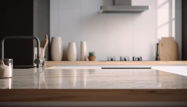 Encimera de cocina de madera superior vacía con cocina blanca en el fondo IA generativa