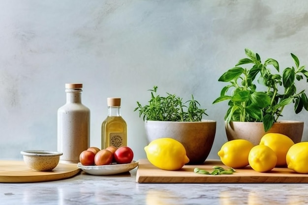 Encimera de cocina moderna con utensilios culinarios domésticos en el concepto de cocina casera saludable