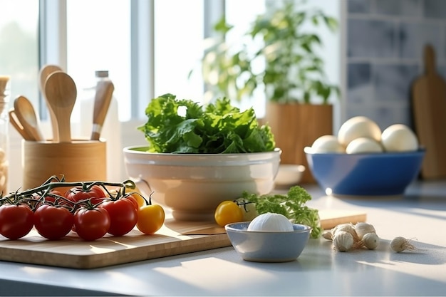 Encimera de cocina moderna con utensilios culinarios domésticos en el concepto de cocina casera saludable