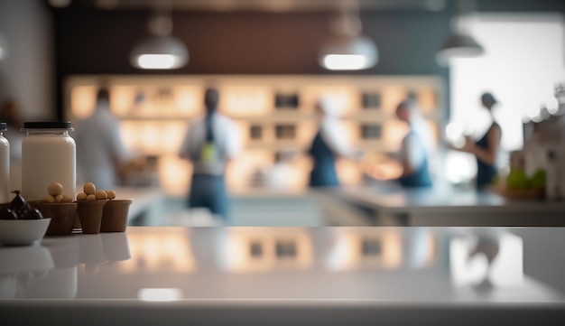 Encimera de cocina vacía para exhibición de productos Personas borrosas en el fondo AI generativo