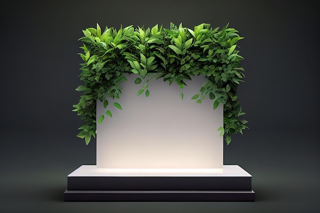 Encimera de exhibición iluminada o podio de escenario con plantas verdes Generative Ai