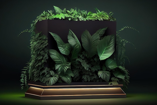 Encimera de exhibición iluminada o podio de escenario con plantas verdes Generative Ai