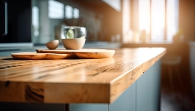 Una encimera de madera con una taza de café encima.