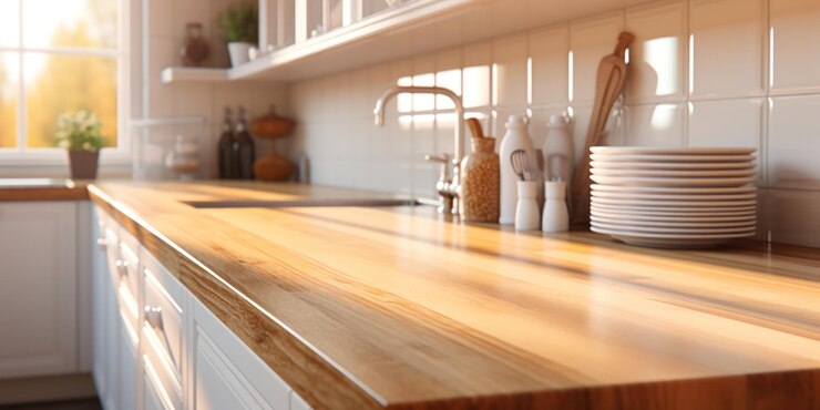 La encimera de madera vacía ofrece un escenario prístino para la creación culinaria bañada en luz natural