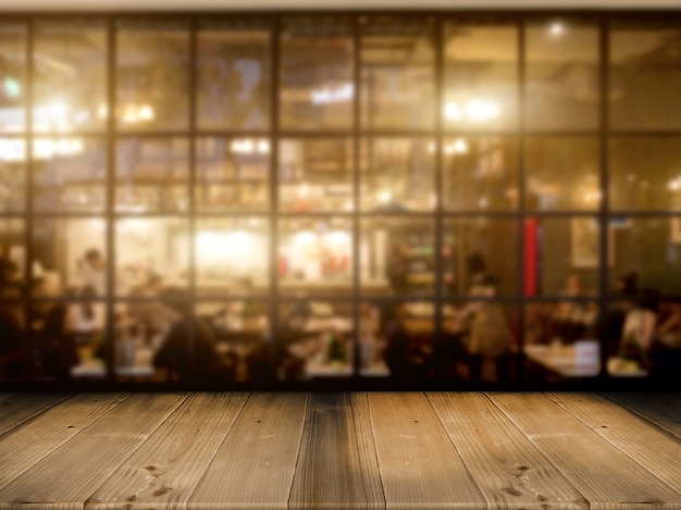 Encimera de mesa de madera con fondo de club de café de noche