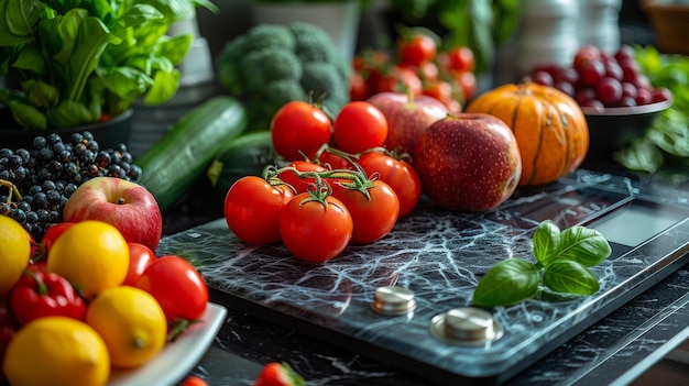 Foto en una encimera moderna hay una escala de cocina digital con frutas