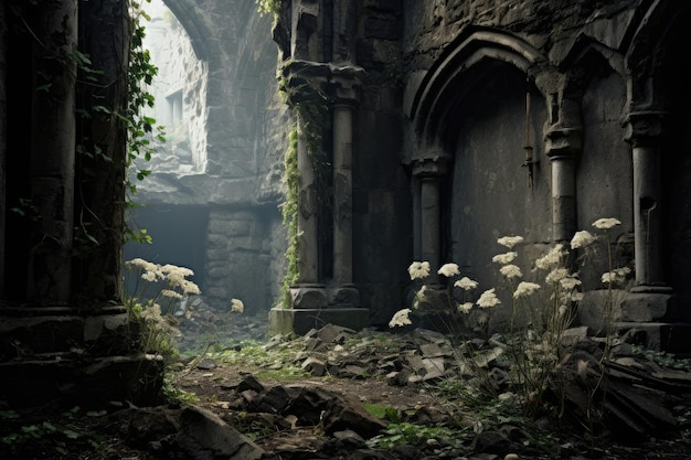 Foto enclaves esquecidos descobrindo ruínas entre arbustos