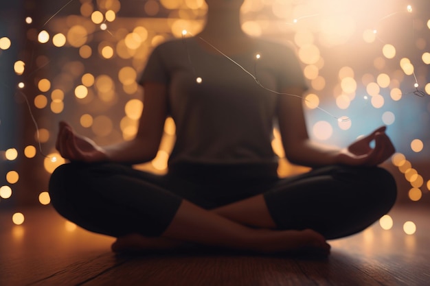 Encontrando a paz dentro da mulher meditando em pose de ioga de pernas cruzadas