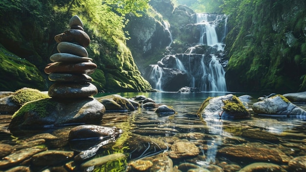 Encontrar la calma interior y el equilibrio por una cascada tranquila usando el flujo de agua como un recordatorio para tomar