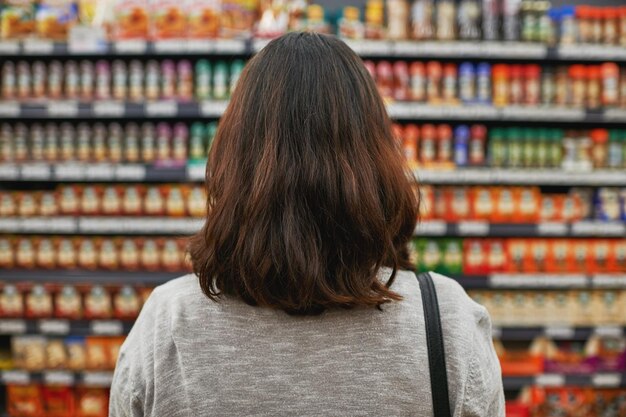 Encontrar los mejores productos al mejor precio Vista trasera de una mujer buscando artículos en una tienda de comestibles