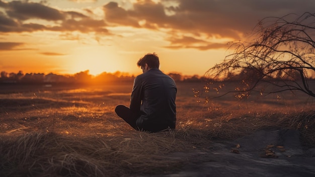 Foto encontrar la paz en el aislamiento el hombre y la puesta de sol