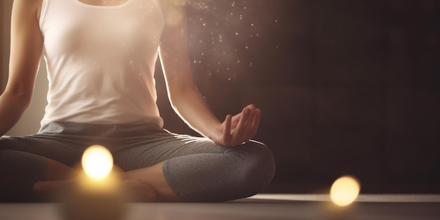 Encontrar la paz dentro de la mujer meditando en pose de yoga con las piernas cruzadas