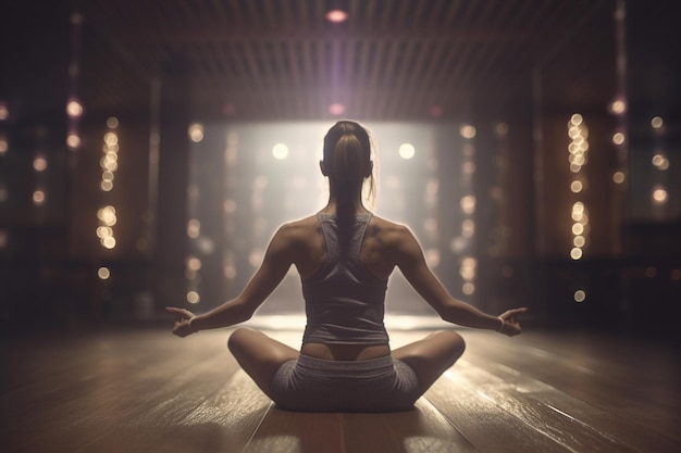 Encontrar la paz dentro de la mujer meditando en pose de yoga con las piernas cruzadas