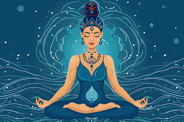 Encontre equilíbrio e harmonia no seu chakra da garganta enquanto pratica a respiração consciente em uma postura de meditação sentada ilustração de desenho animado