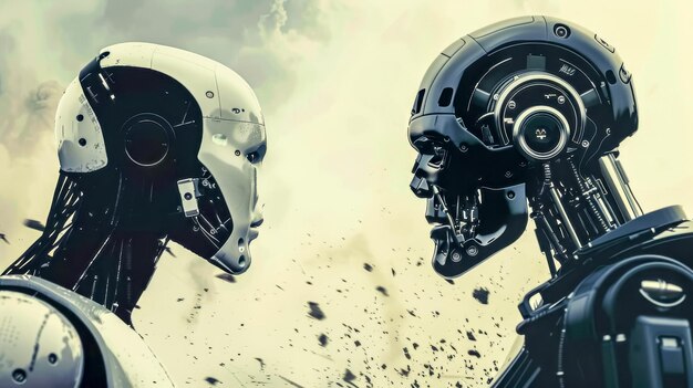 Encontro cara a cara entre robôs futuristas