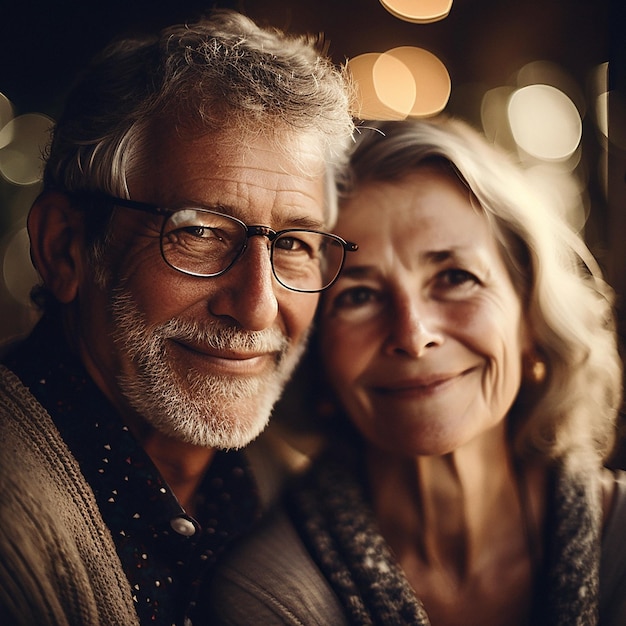 Encontro de amor à noite e casal sênior de retrato com sorriso e bokeh na celebração romântica da noite