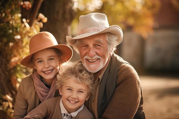 Encontro de avô e netos um idoso e seus netos felizes juntos eles se abraçam e se alegram ao se conhecerem cuidando dos idosos crianças visitam idosos