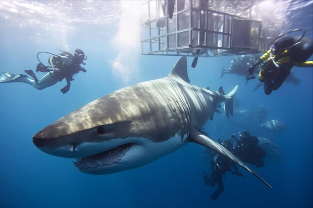 Foto encontro emocionante explorando as águas com um magnífico carcharodon carcharias na ilha de netuno