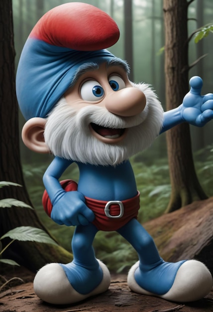 Foto encontro encantado com um smurf alegre em um país das maravilhas da floresta nebulosa ao amanhecer