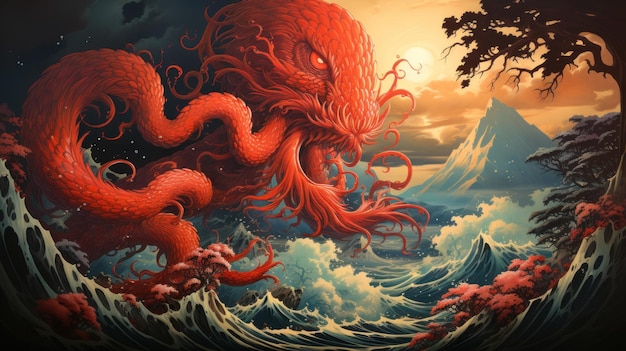 Encontro fascinante Cthulhu surge de ondas tempestuosas Criado com IA generativa