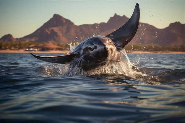 Encontro impressionante Salto maravilhoso de uma raia Mobula no Mar de Cortez, no México