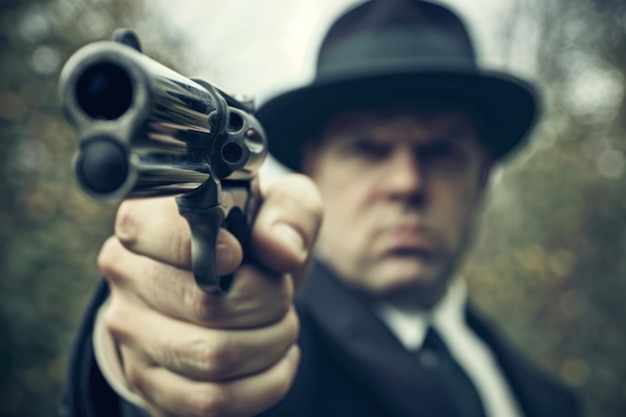 Foto encontro intenso e sinistro em primeira pessoa com um gangster de fedora apontando uma arma para a câmera