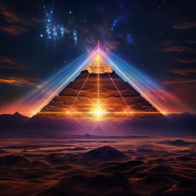 Foto encontro místico elytron kemético antigo e elytra de neon iluminam a pirâmide de giza ao nascer do sol