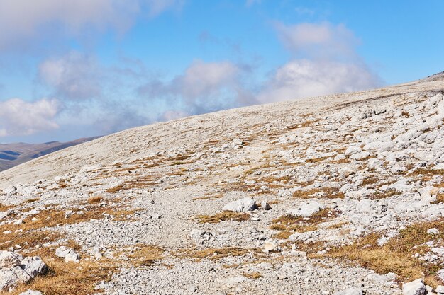 Encosta da montanha alpina coberta com grama seca e pedras brancas