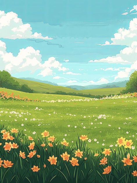 encosta de desenho animado com flores coloridas e céu