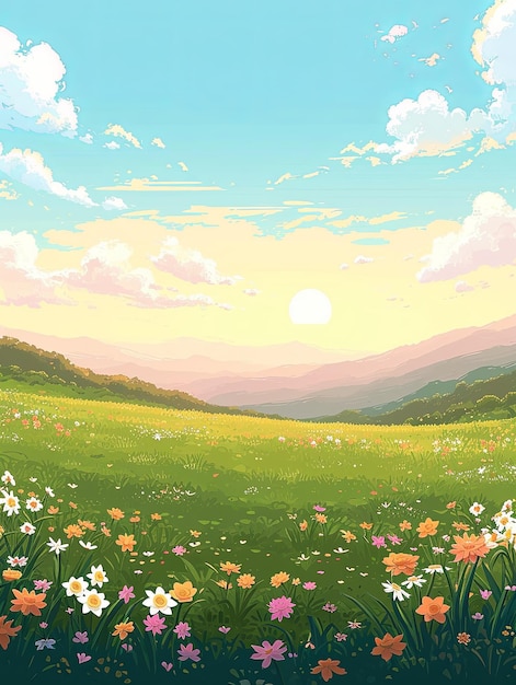 encosta de desenho animado com flores coloridas e céu