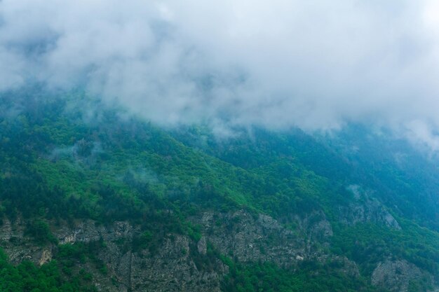 Encostas arborizadas da paisagem montanhosa sombria cobertas com nuvens de chuva