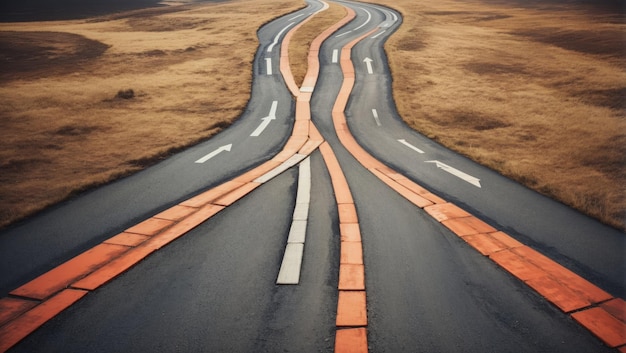 Foto encruzilhadas com caminhos divergentes que simbolizam a escolha entre duas direções transmitem o conceito de selecionar o caminho certo para a viagem à frente