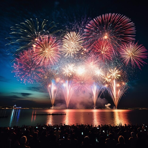 Encuentra un punto de observación con una vista clara del cielo nocturno Capture la explosión de fuegos artificiales coloridos