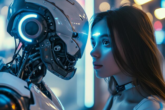 Un encuentro cautivador Una mujer hipnotizada por la mirada de los robots