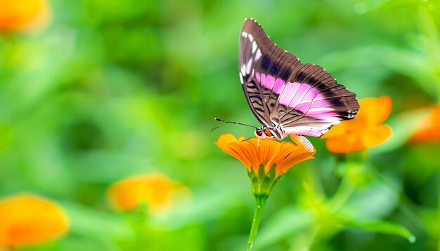 Encuentro elegante con una mariposa monarca descansando sobre una planta floral cautivando la luz y la belleza de la naturaleza